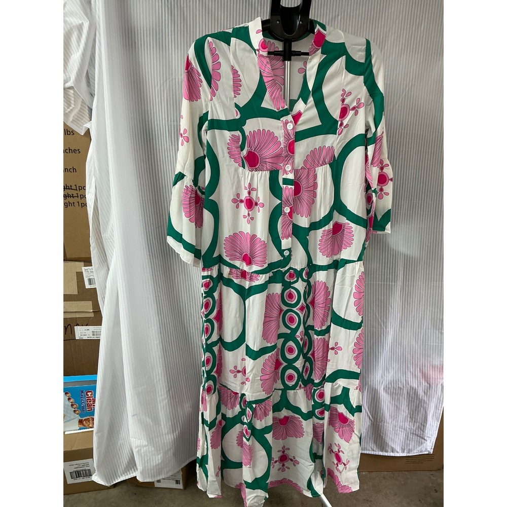 Boho Pink Green Floral Geometric Tiered Maxi Dress Bell Sleeve Small LC6121767 - Picture 1 of 3